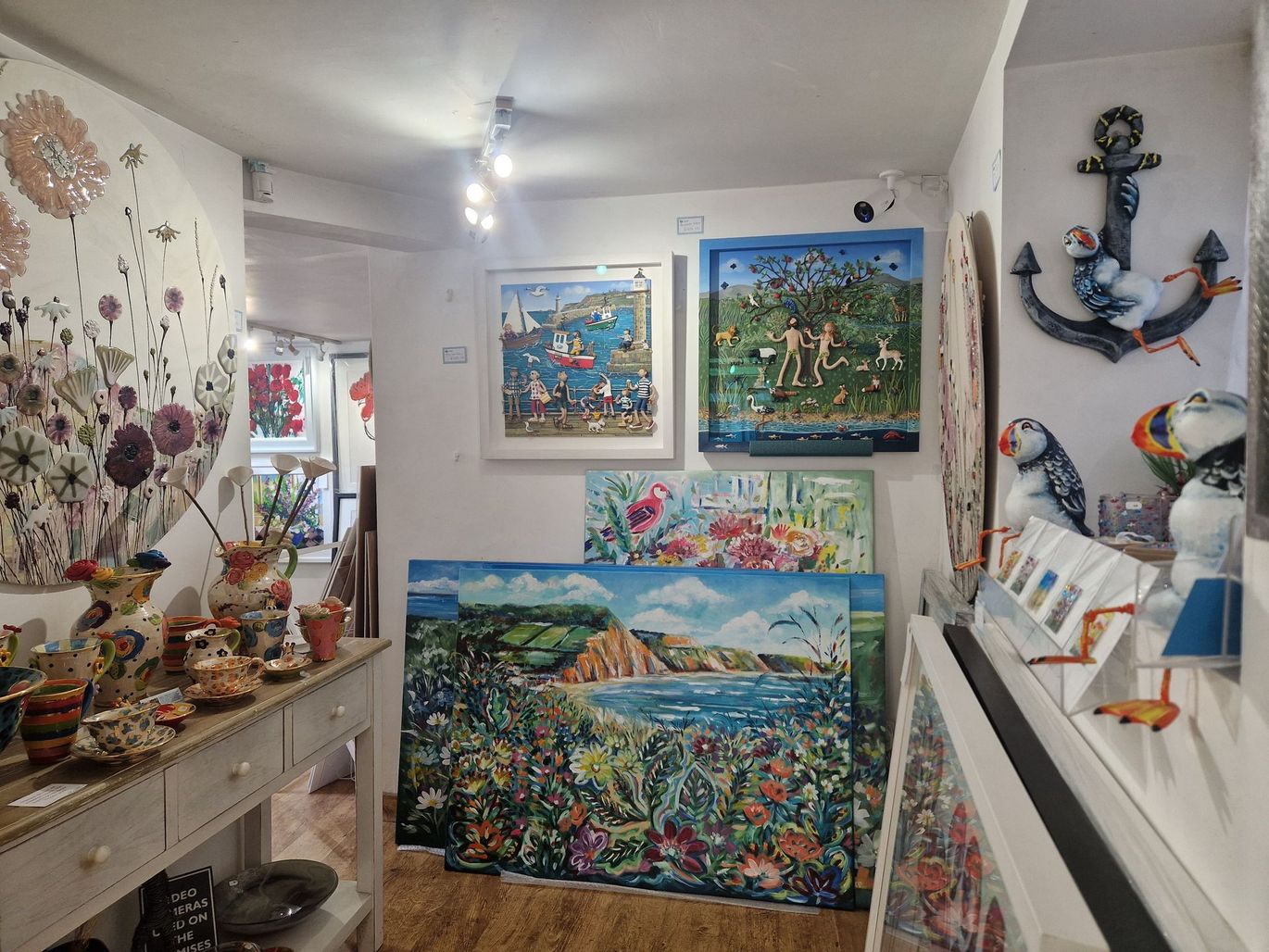 Glass cabinet of jewellery and small sculpture, Azure Gallery, Sidmouth